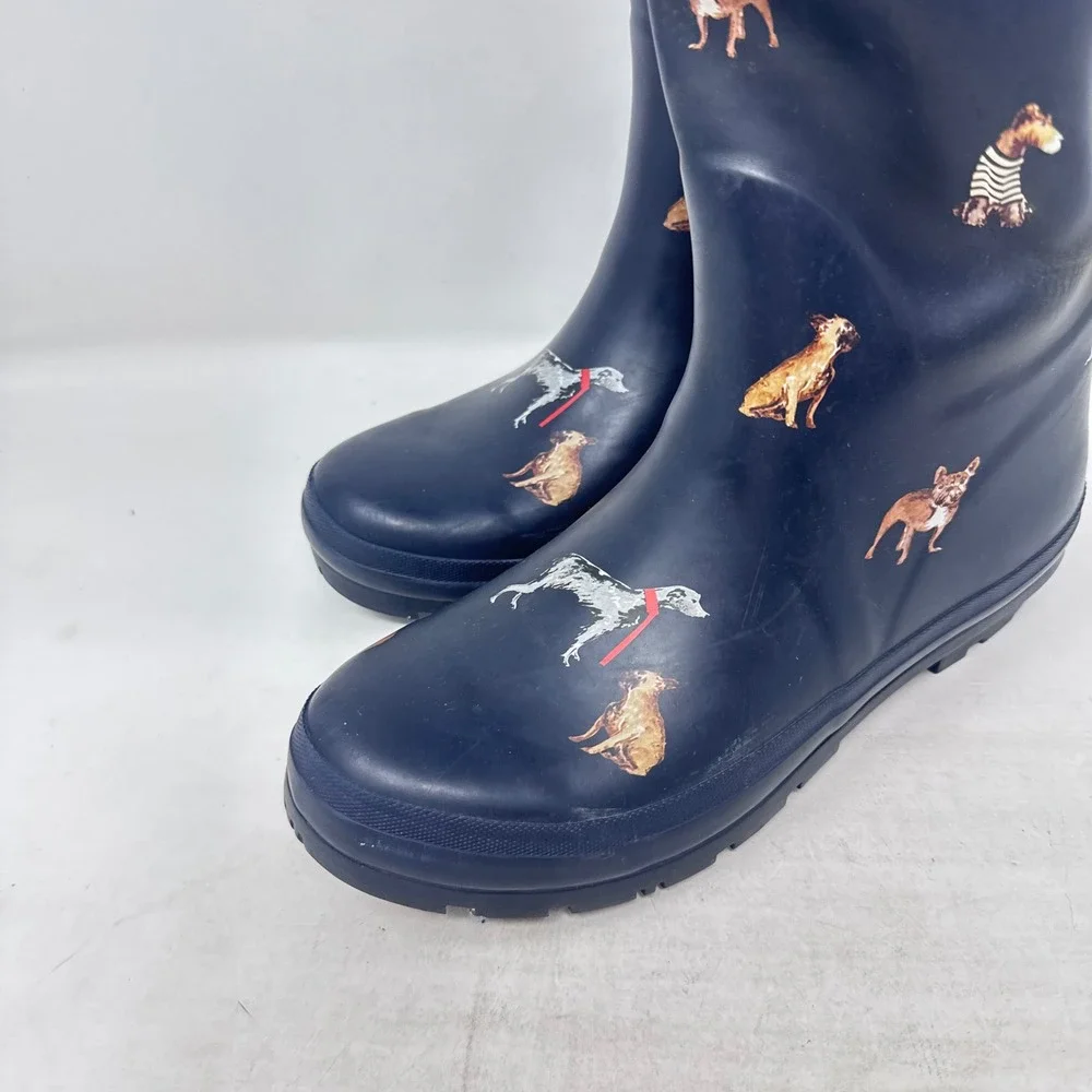 Joules Rain Boots Navy Blue Size 8 Dog Print Tall Wellingtons Waterproof